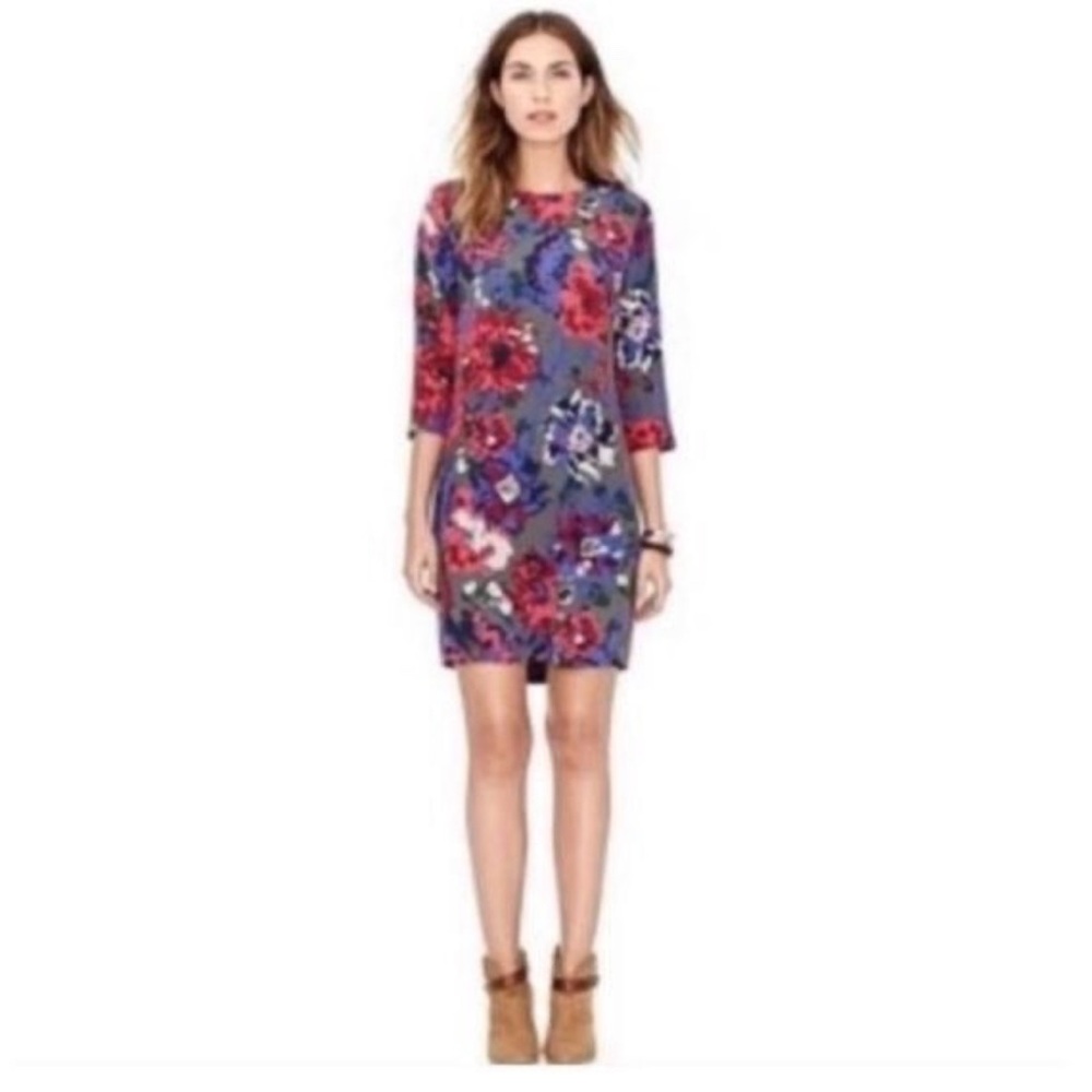 Fossil Grey 100% Silk Sheath Dress with Bold Multicolor Floral Print